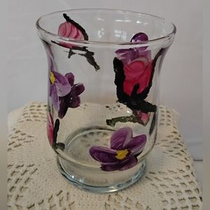 Floral Hand-Painted Glass Huricane Vase /Candle